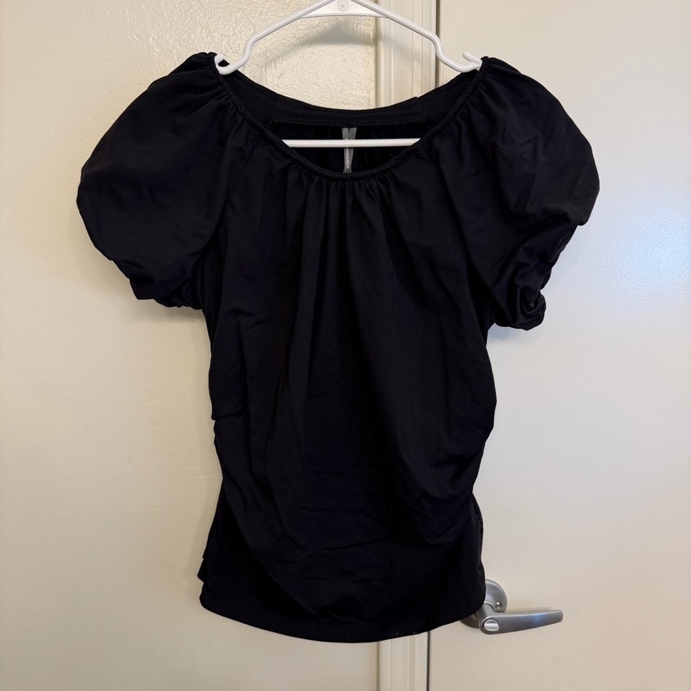 Anthropologie Black Ruched Side Top Cap Sleeve Size Medium - Picture 4 of 9